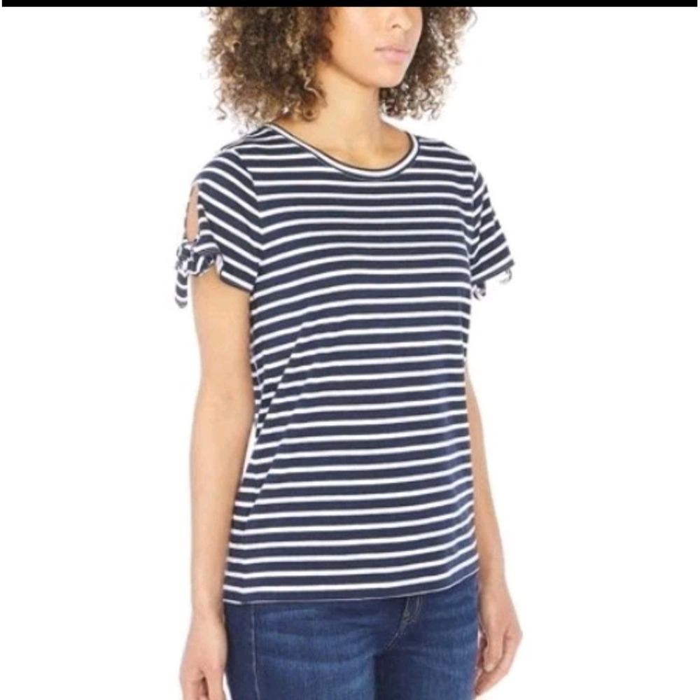 Nautica Striped T Shirt‎ Tie Sleeve Navy White Casual Top Womens Size L